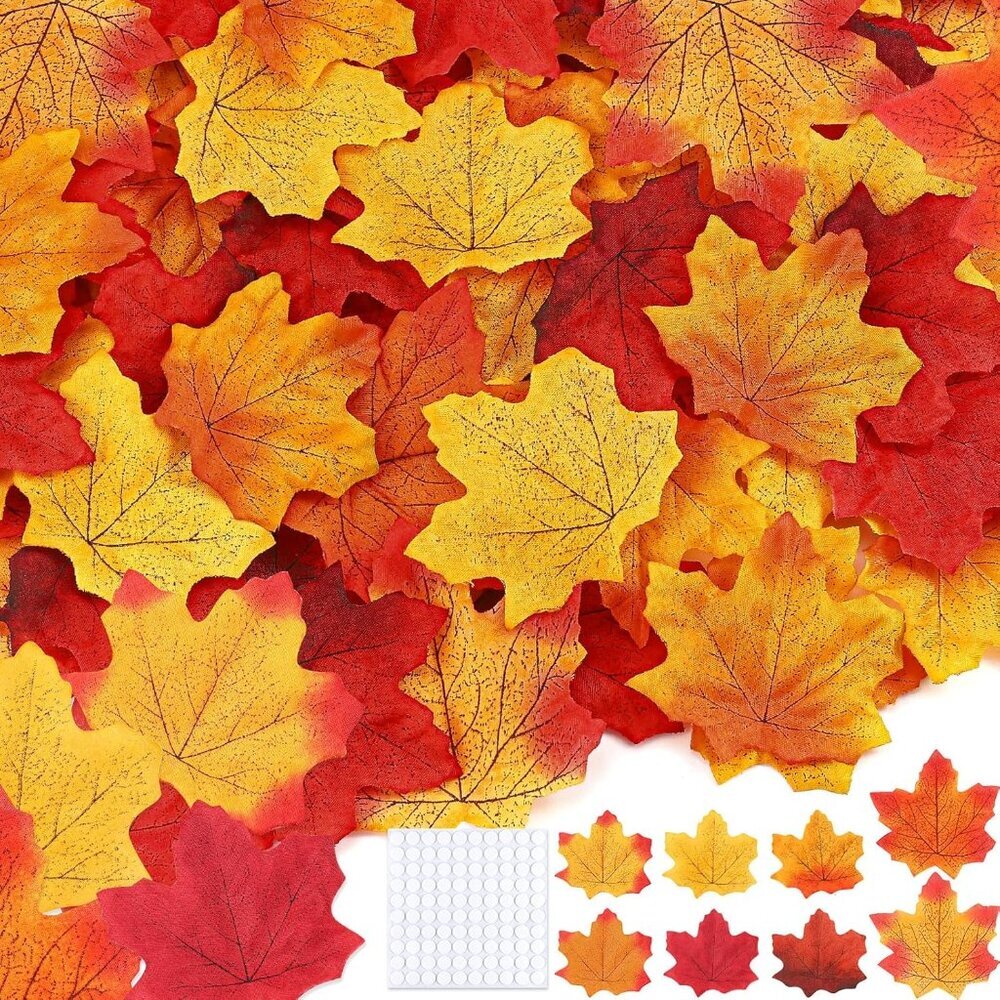 300 Piece Fall Leaves Set 7 Colors Artificial Autumn Maple Leaf Decor with 100 G